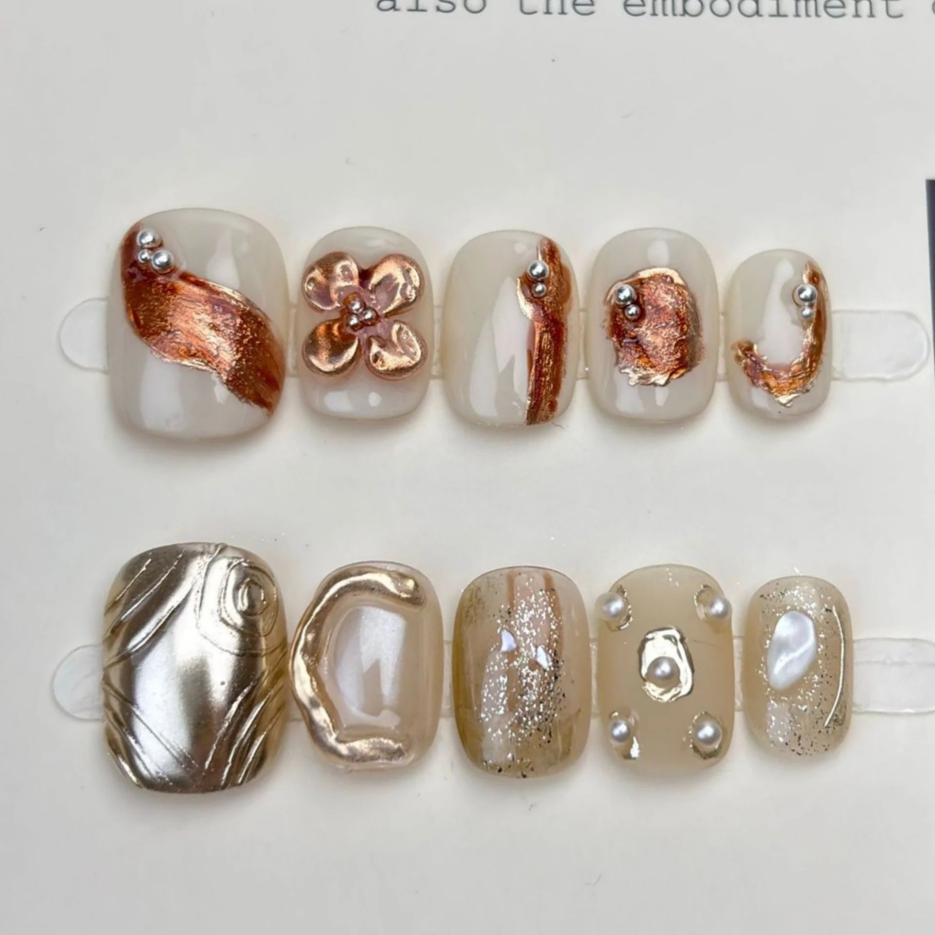 10pcs Golden Smudge Handmade Press on Nails Tips Wearable Short Ballet False Nail Art Green Cat's Eye Fake Nail Glitter Manicure