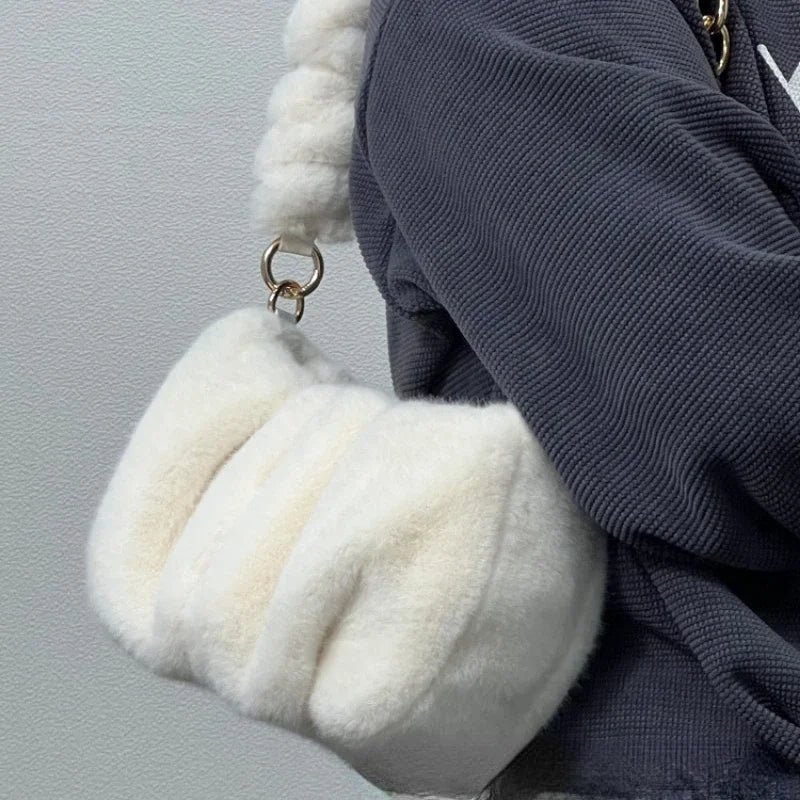 Women Faux Fur Handbags with Metal Chain Lady Ruched Shoulder Bag Armpit Casual Square Hobos Crossbody Winter