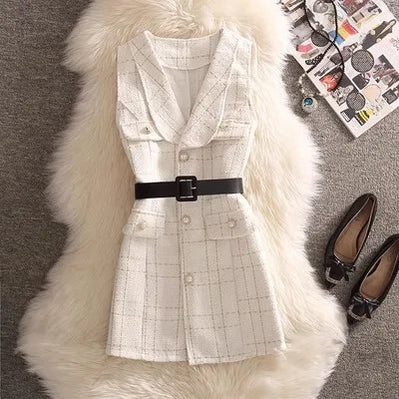 Autumn Winter 2 Piece Sets Tweed Vest Sweater Suits with Sashes Buttons Slim Streetwear Fashion Women Small Fragrance Suit White Vest Dress