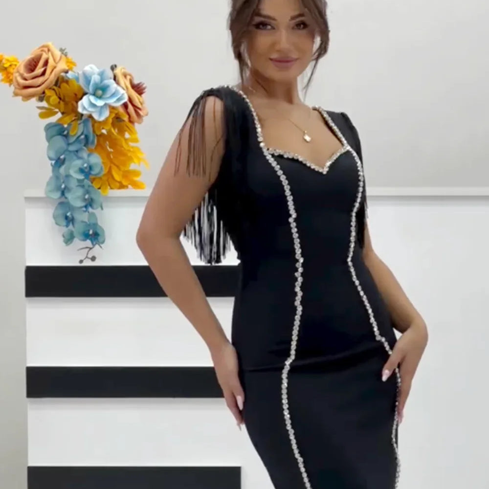 Arrival Women Sleeveless Sexy Square Collar Tassels Bodycon Bandage Long Dress Celebrate Nightclub Evening Party Dress