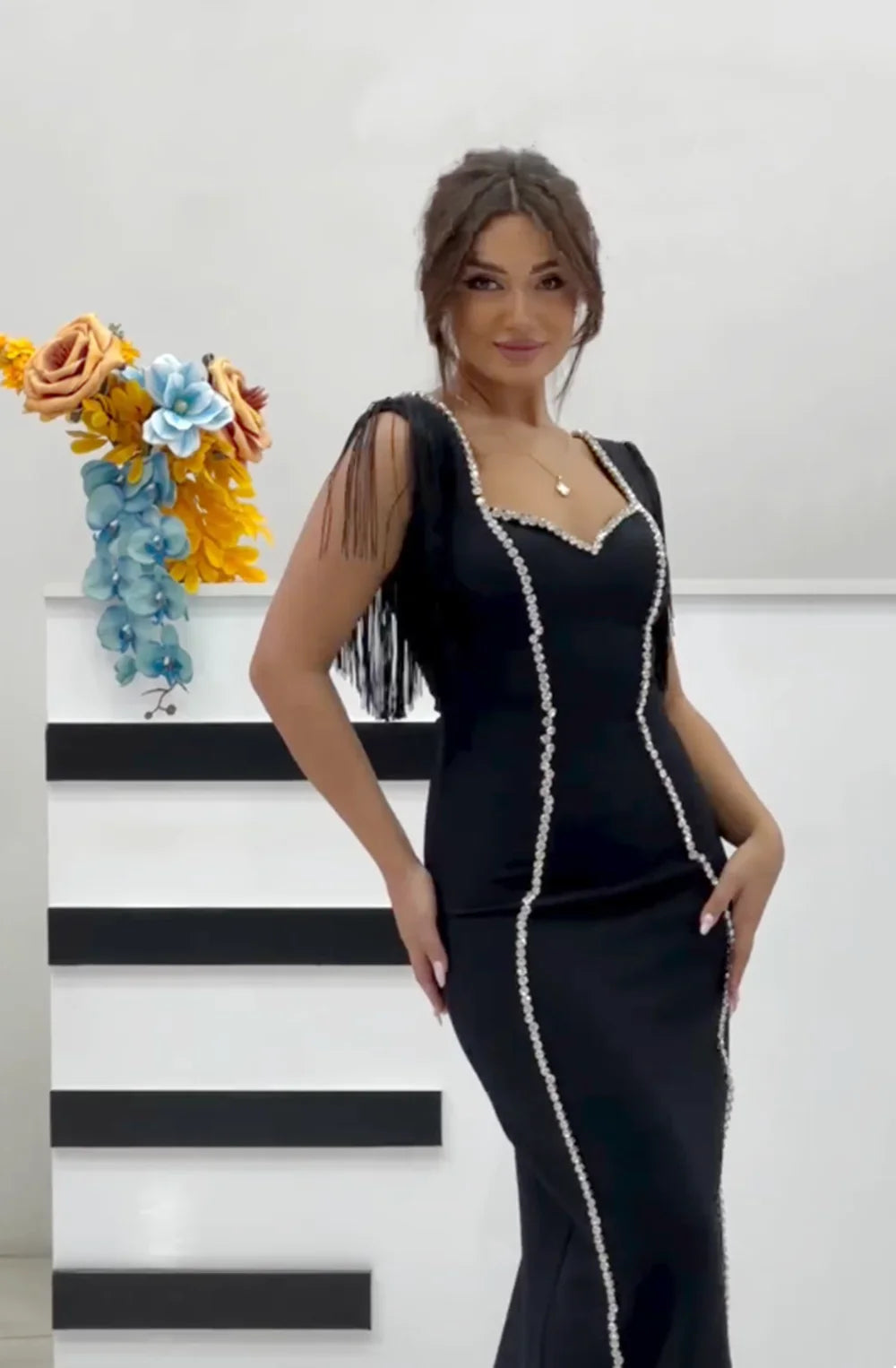 Arrival Women Sleeveless Sexy Square Collar Tassels Bodycon Bandage Long Dress Celebrate Nightclub Evening Party Dress