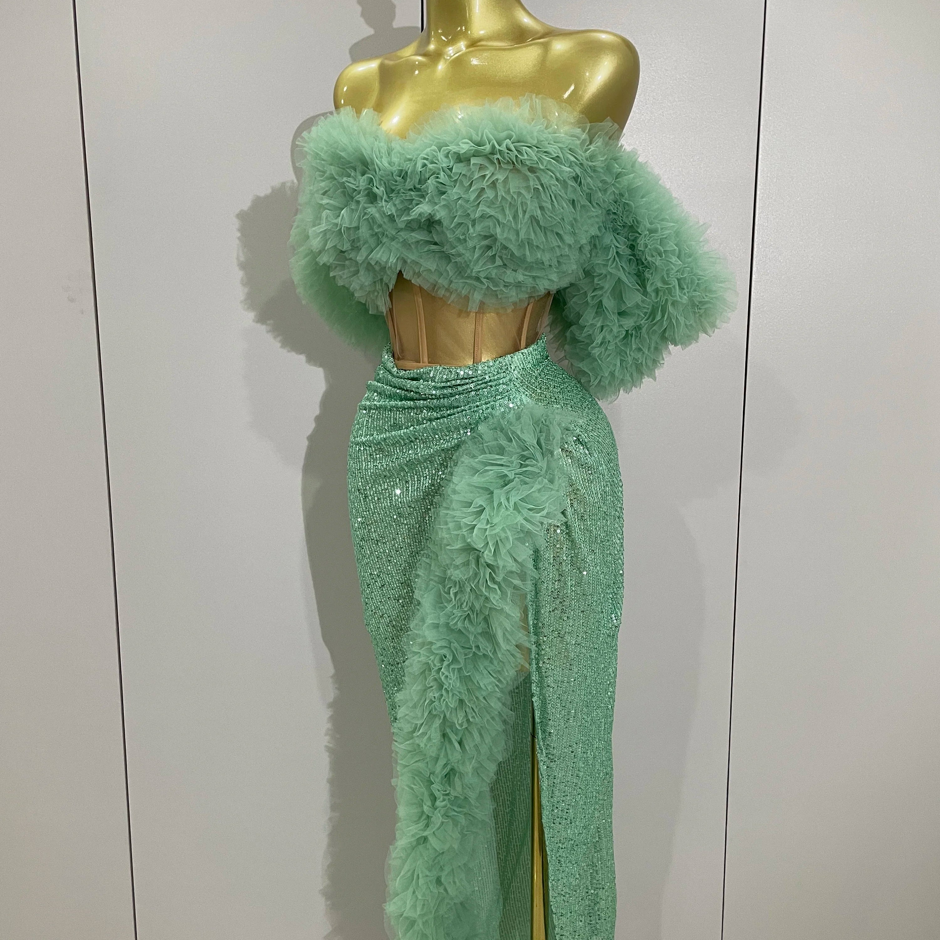 Shiny Sequins Top Short Skirt Two Pieces Set 2025 Women Sexy Celebrate Evening Prom Birthday Party Dress Nightclub Stage Outfit