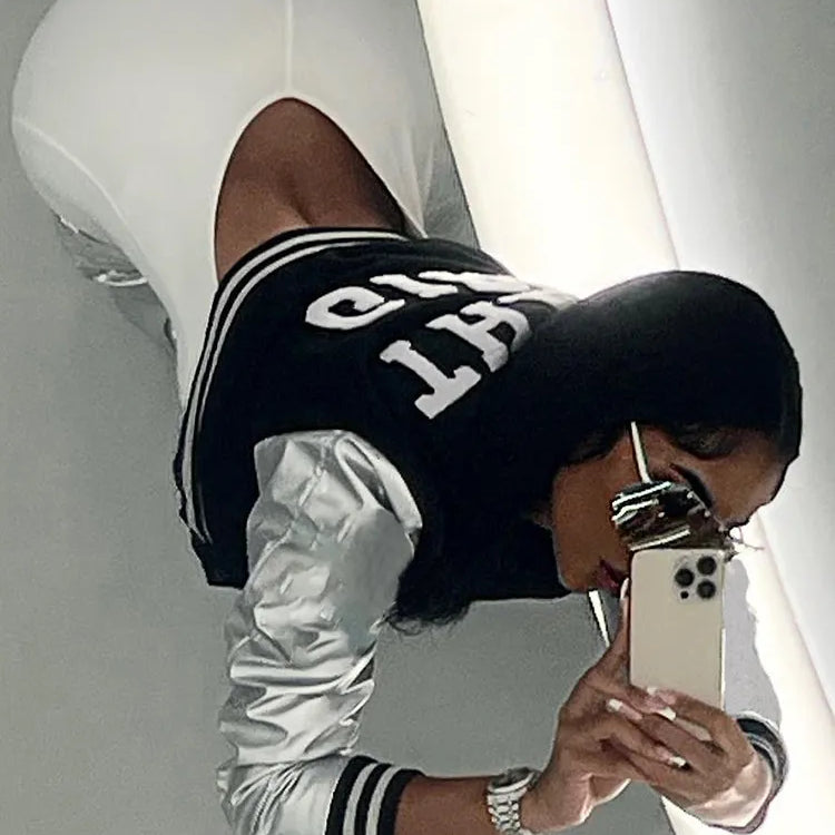 Weird Puss Fluffy Letter Short Jacket Varsity Women Hipster Leather Sleeve Patchwork Y2K Baseball Casual Wild Streetcoat Outwear