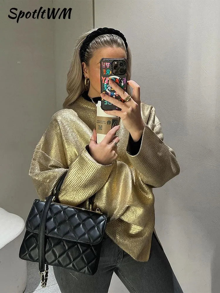 Women Solid O Neck Pullover Top Elegant Loose Long Sleeve Gold Sweatshirt Autumn Female Fashion Casual Shinny Outerwear