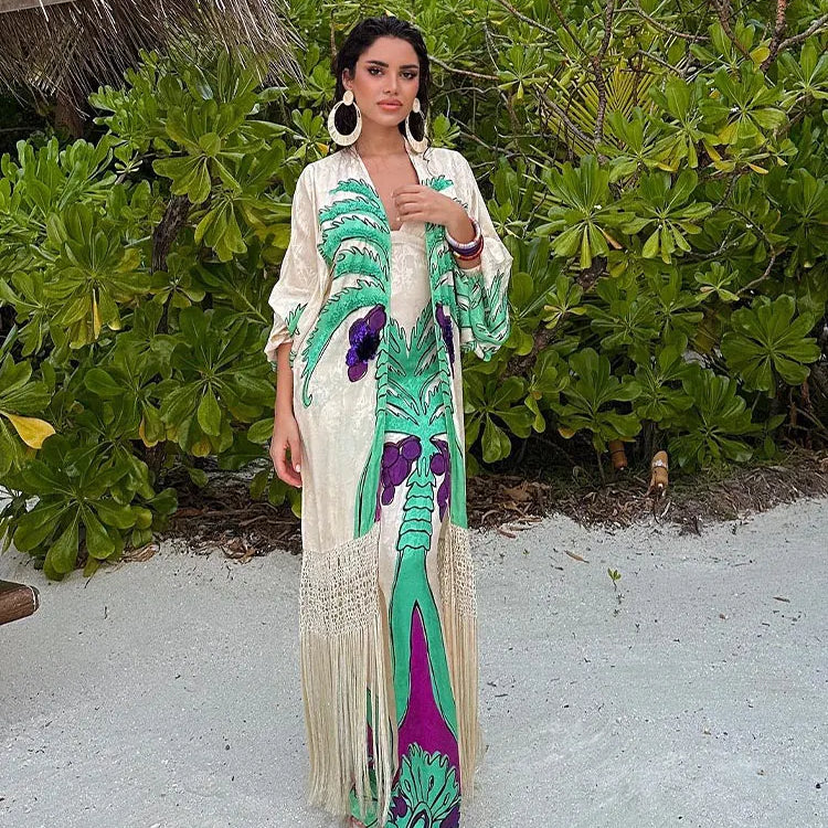 Fashion Spring Print V Neck Contrast Maxi Dress Women Chic Slim Fit Long Sleeve Vestidos Lady Elegant Vacation Streetwear