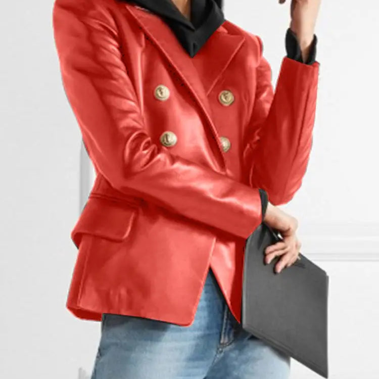 Solid Work Outerwear Women PU Leather Jacket Autumn Buttons Thin Blazer Vintage Long Sleeve Casual Lapel Collar Coat Red
