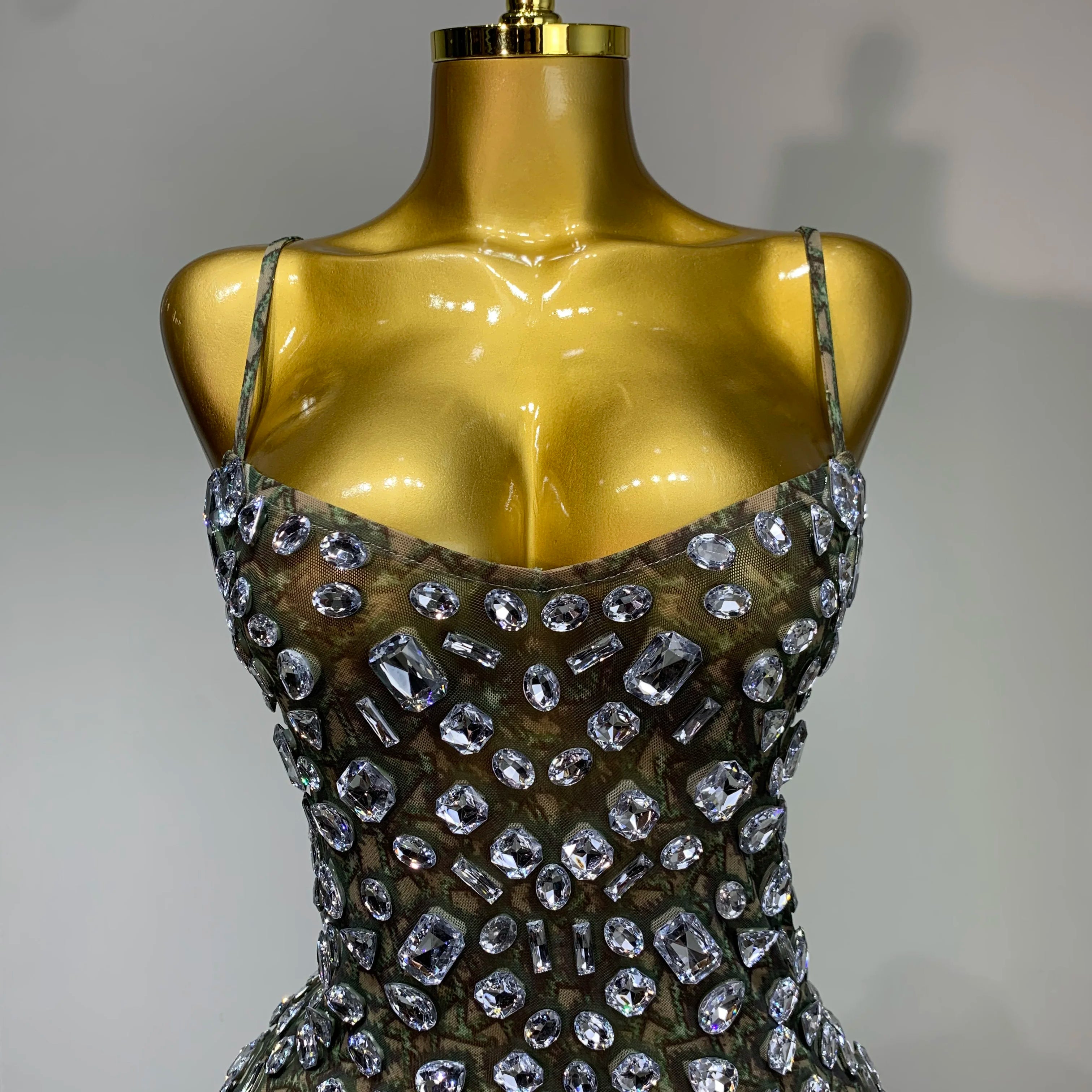 Luxury Diamond Mesh See Through Stretch Bodycon Dress Women Sexy Sleeveless Evening Party Birthday Celebrate Perform Costume