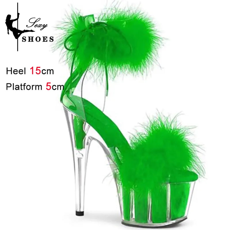 New Cover Heels Buckle Strap Women Sandals Platform Open Toe Color Feather Bride's Wed-ding Shoes Stripper Nightclub Party Heels