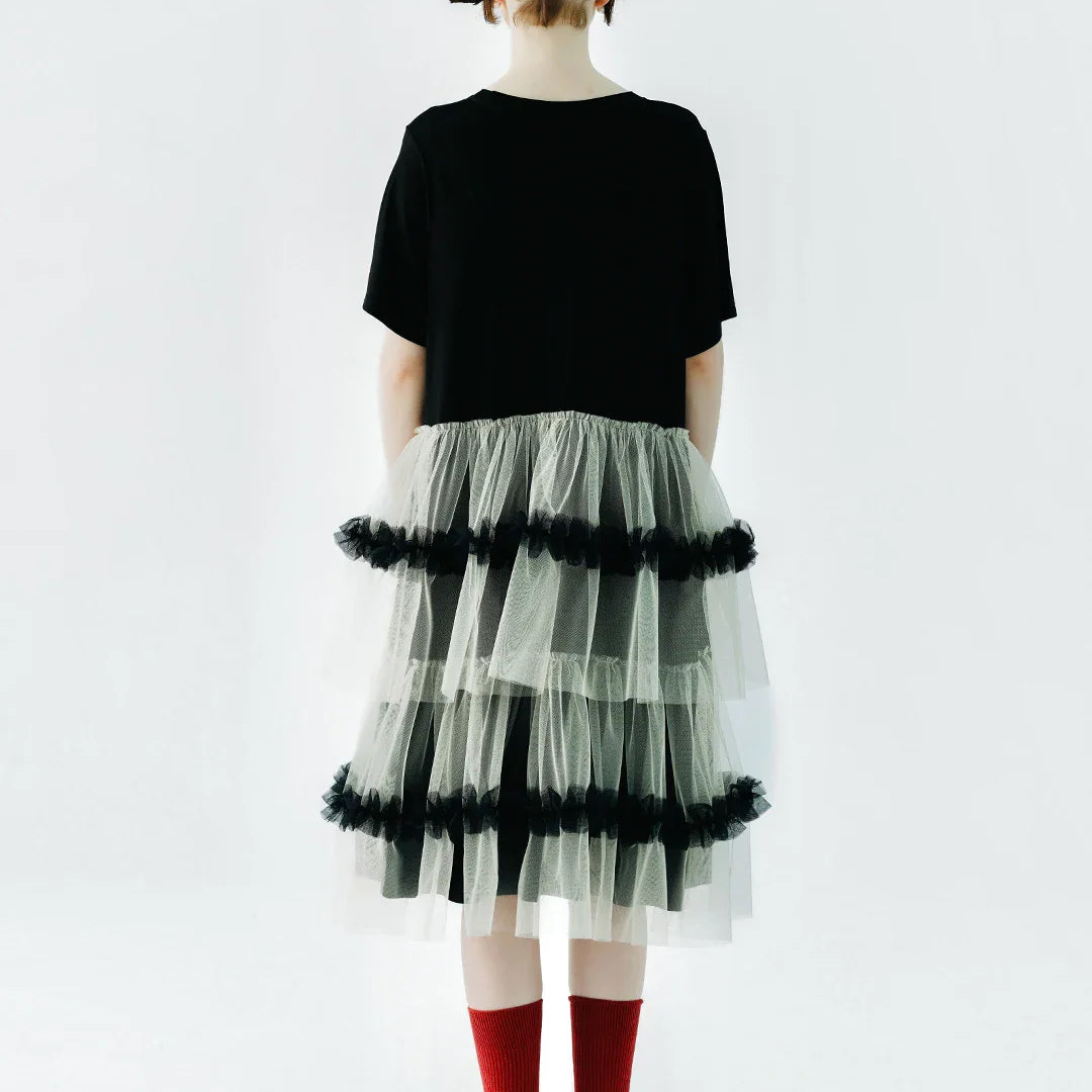 IMAKOKONI Original Design Black Short Sleeve Dress Mesh Splice Casual Loose Fit Dress 234147