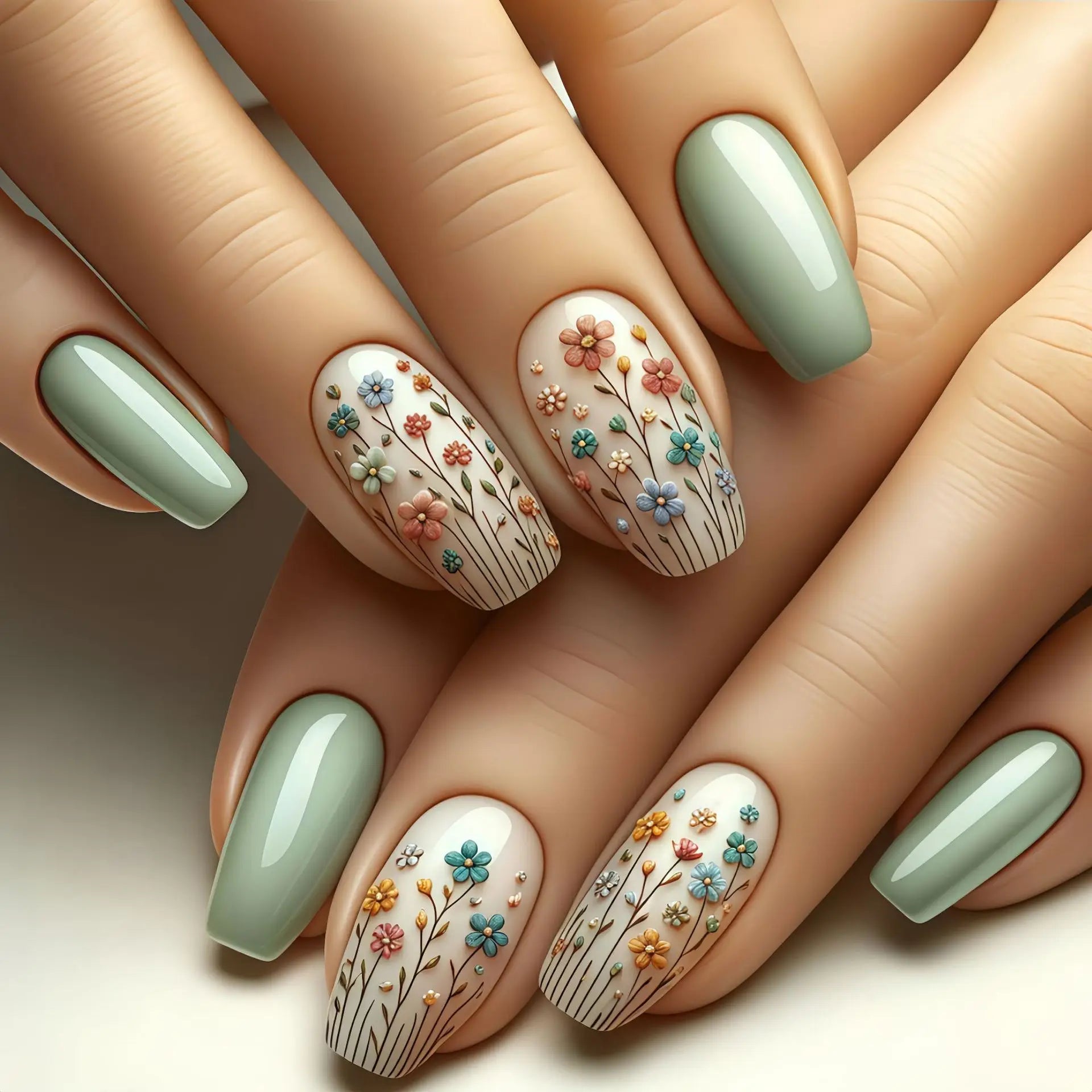 24Pcs Fake Nails Mid-length Ballet Press on False Nails with Blue Flowers Design Fashion Nails Set Detachable Nail Spring/Summer