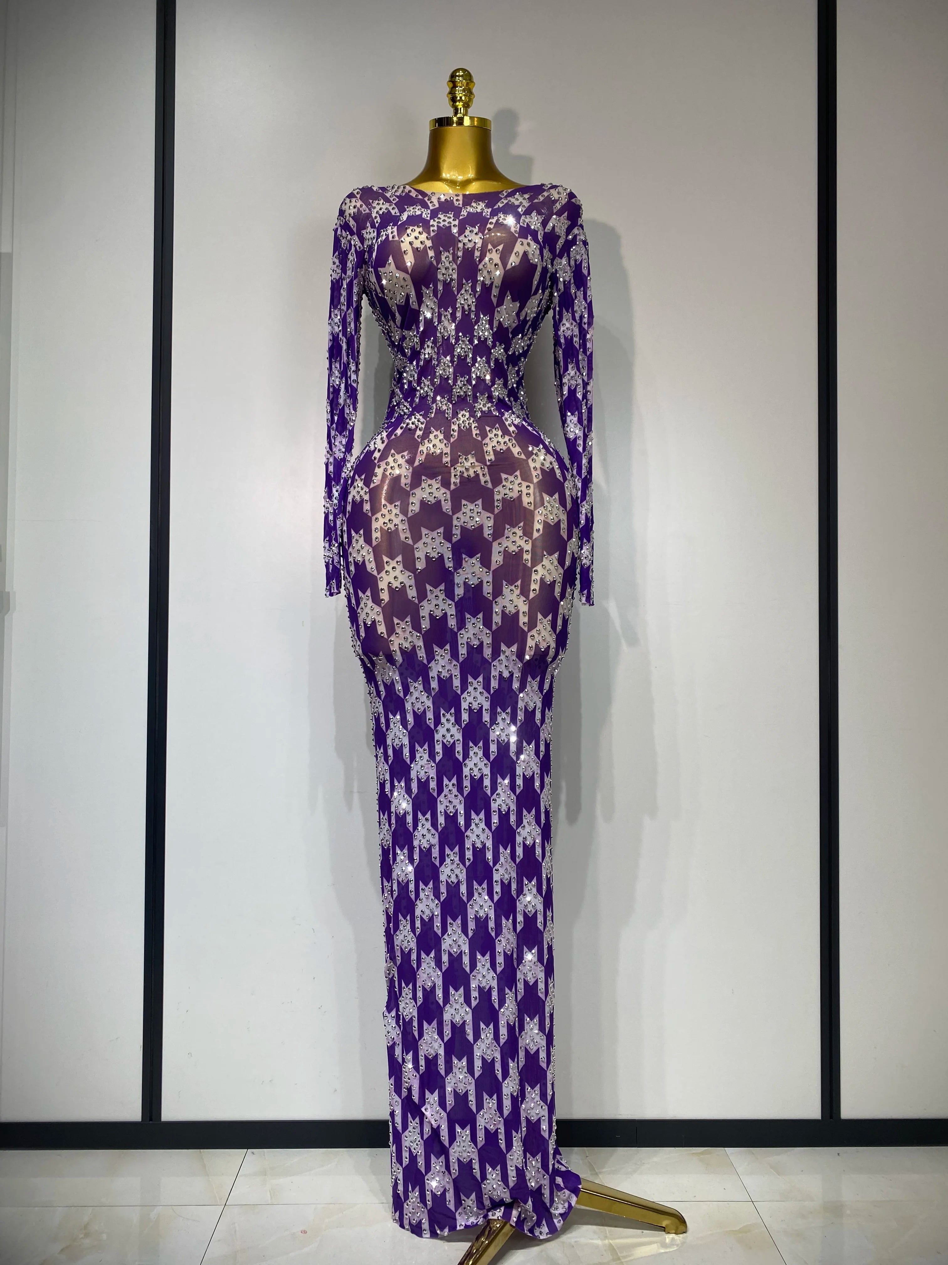 Sparkly Rhinestone Stretchy Mesh See Through Dress Women 2025 Performance Dancer Costume Luxury Birthday Nightclub Stage Outfit