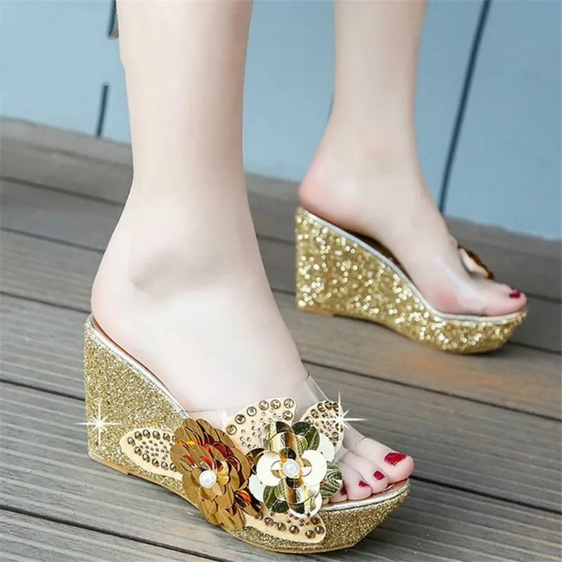 Summer Wedges Sandals Women Sexy Crystal Transparent High Heels PVC Slippers String Bead Platform Fashion Shoes