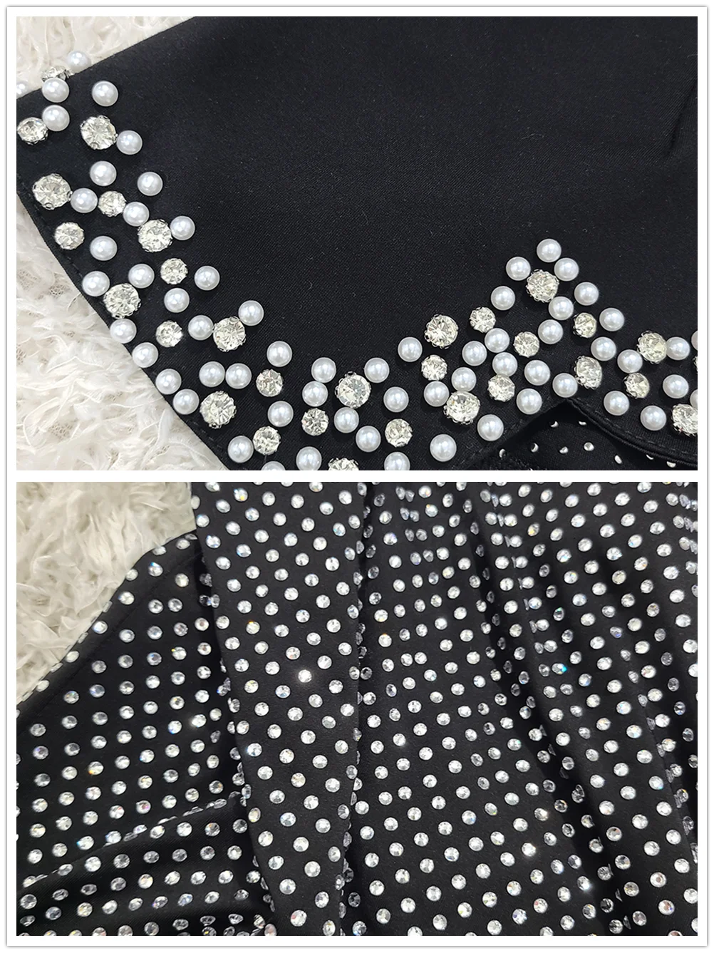 Women Sexy Off Shoulder Pearl Diamond Black Maxi Long Bandage Two Piece Set 2025 Elegant Evening Club Party Prom Gowns