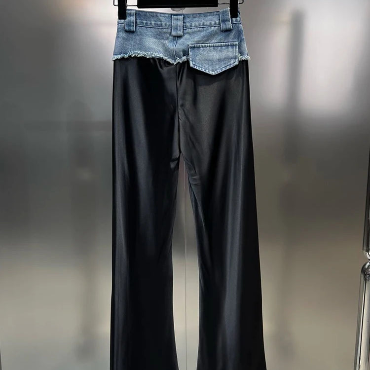 DEAT Denim Patchwork Straight Pants Women's High Waist Slim Personality Streetwear Versatile Trousers 2023 Summer New 11XX4063