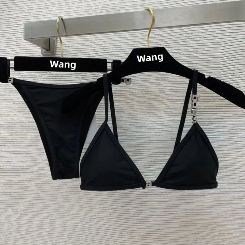New Rhinestone Letter Wang Beach Bikini Luxury Brand Designer Y2K High Quality Fashion Sexy Women's Beach Bikini Duo Set 2Photo color