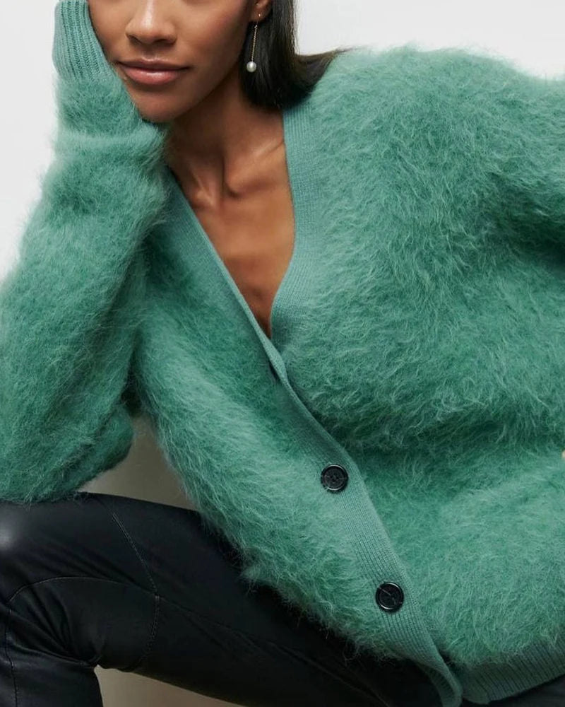 Casual Long Sleeve V-Neck Cardigan Women Autumn Winter Buttons-up Solid Coat Female Imitation Mink Sweater