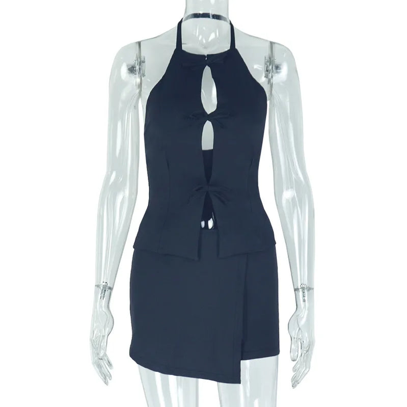 CM.YAYA 2025 Summer Women's Set Sleeveless Hollow Out Top+ Skirts Shorts Cute Street Two 2 Piece Sets Street Outfits Tracksuit