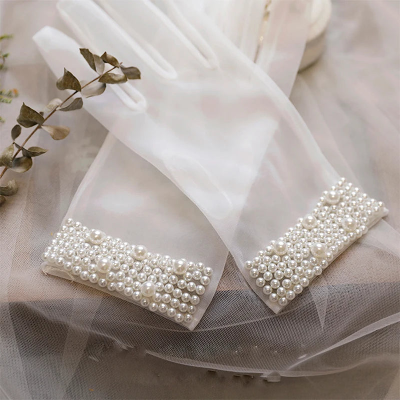 Bridal pearl retro wedding gloves versatile wedding dress party accessories aesthetical mesh short photo accessories
