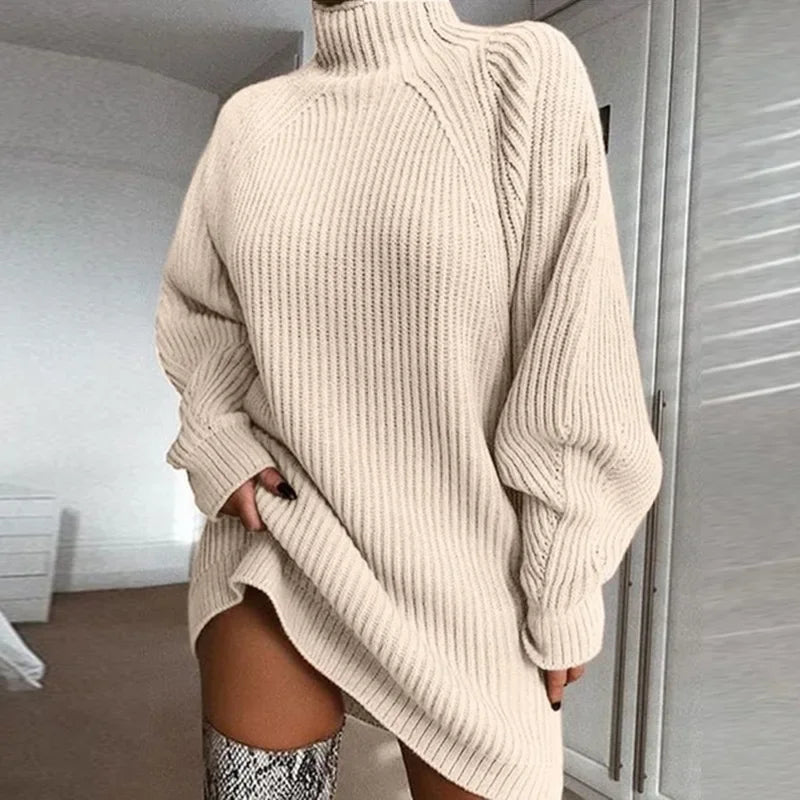 Women's Solid Color Loose Knitted Dress 2023 Autumn Winter New Dress Sweater Women Long Sleeve Turtleneck Pullover Dress Sweater Apricot