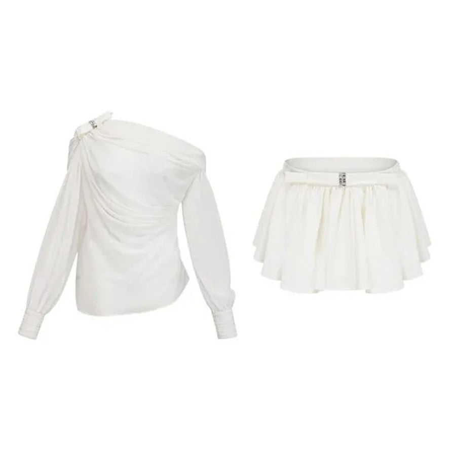 Solid Loose Two Piece Sets for Women Diagonal Neck Long Sleeves Spliced Bow Top Patchwork Ruffles Skirt Female New