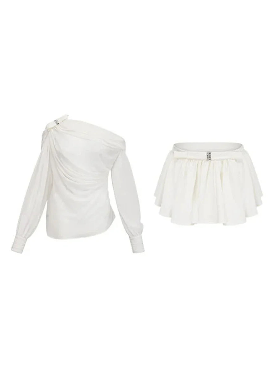 Solid Loose Two Piece Sets for Women Diagonal Neck Long Sleeves Spliced Bow Top Patchwork Ruffles Skirt Female New