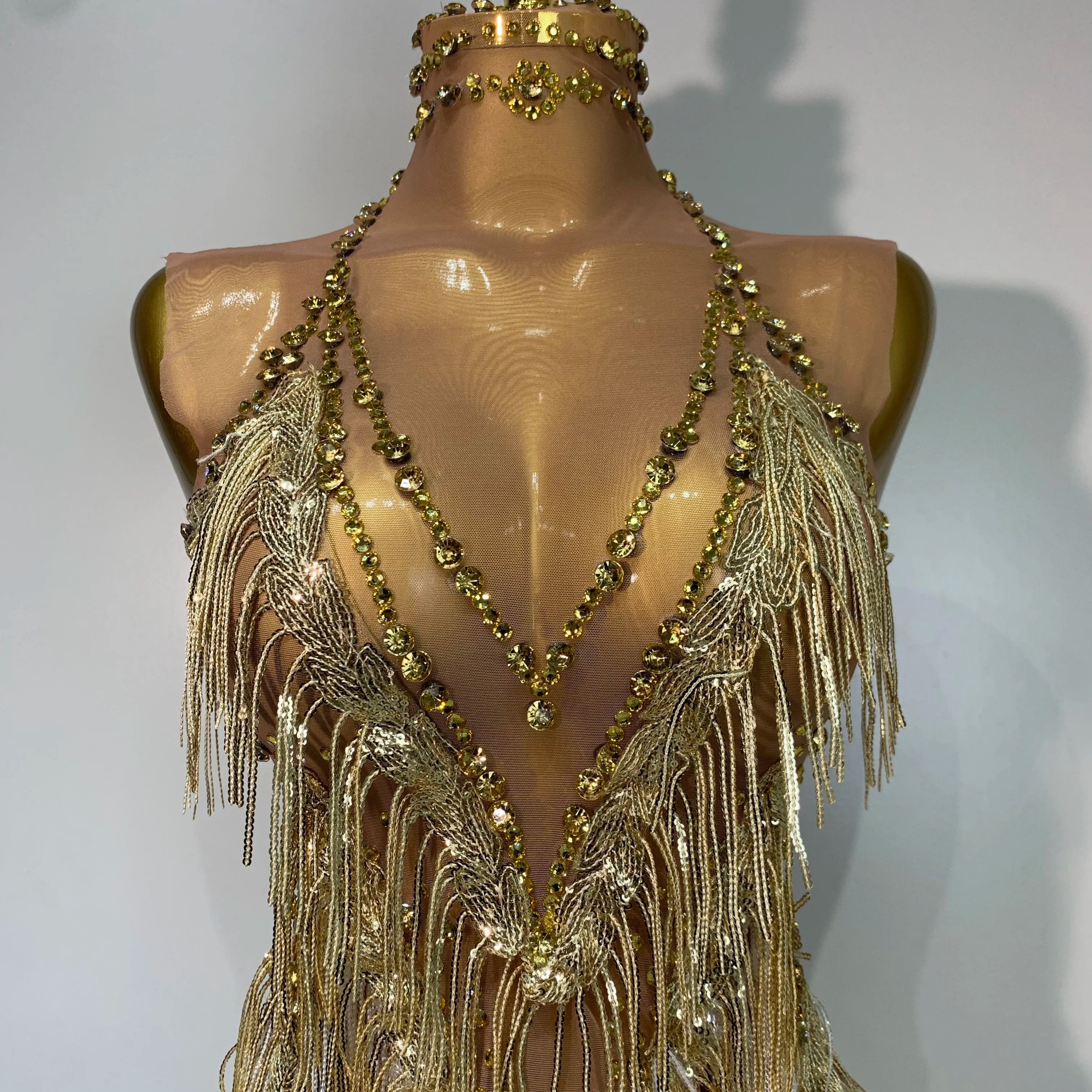 Luxury Birthday Dress Rhinestone Tassel Sexy Women Short Latino Dance Dress Nightclub Bar Sparkly Performance Stage Outfit