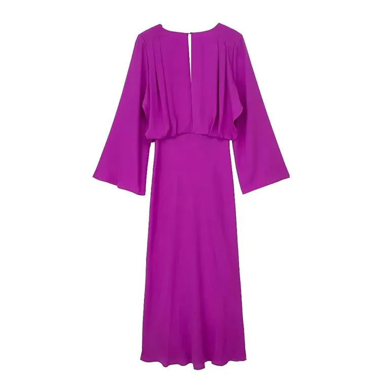 Bohemian Solid V-Neck Dress Women Elegant Flared Sleeve Female Midi Dresses New Spring Loose Beachwear Vintage Casual Vestidos