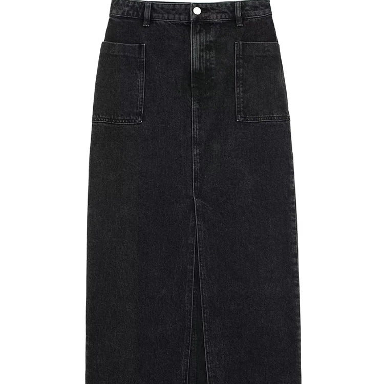 TRAF Fashion Midi Skirt Vintage Streetwear Skirts Women's High Waist Black Denim Skirt Woman Slit Jean Long Skirts For Women