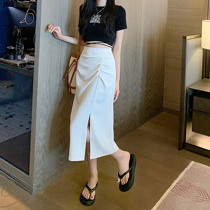 A-Line Elastic Waist Irregular Pleated Split Skirt Midi Dress Sexy Casual Solid Elegant Chic Women Clothing French Summer OL New