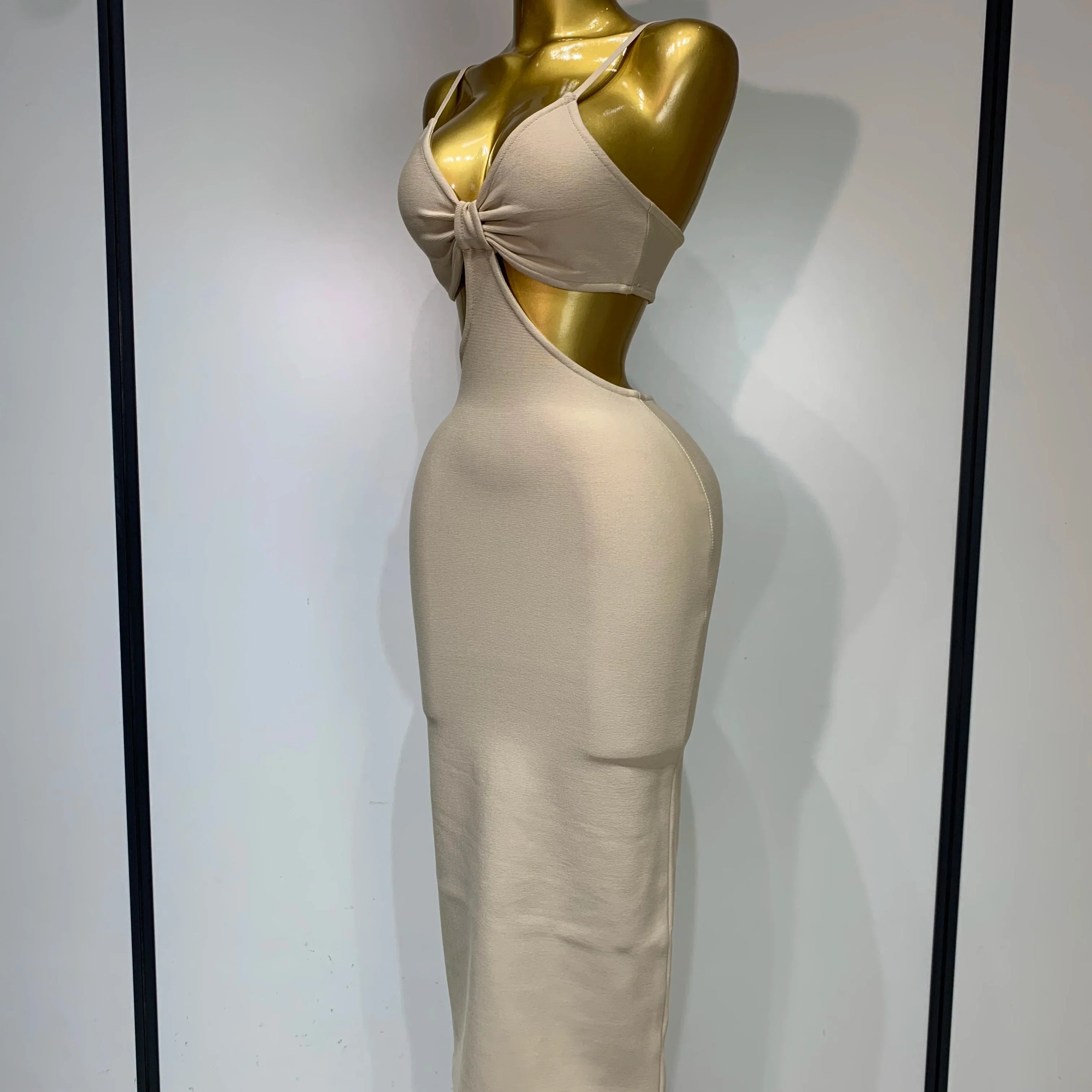 Women Sexy V Neck Backless Khaki Bodycon Bandage Dress  Celebrity Elegant Evening Club Party Luxury Birthday Dress