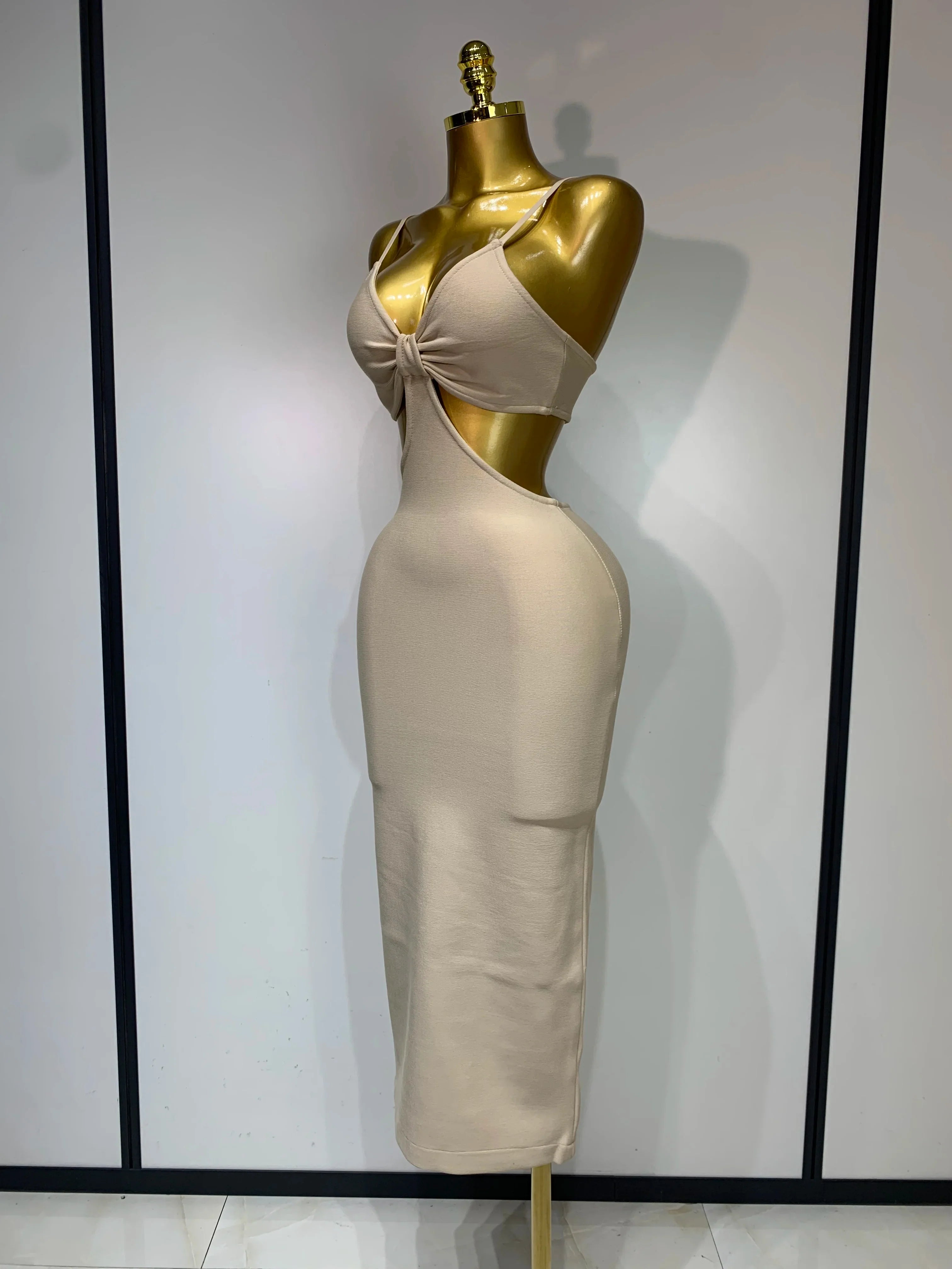 Women Sexy V Neck Backless Khaki Bodycon Bandage Dress  Celebrity Elegant Evening Club Party Luxury Birthday Dress