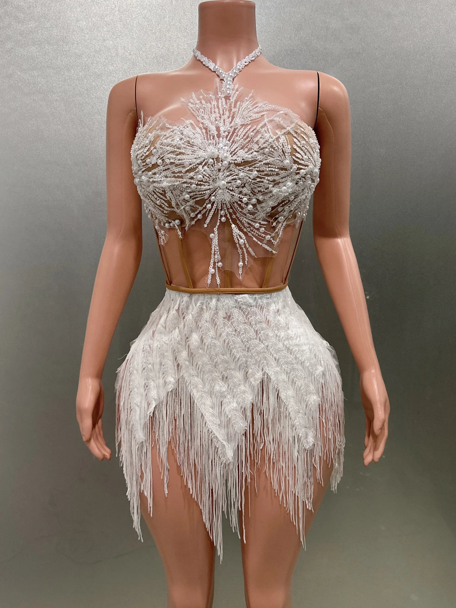 Shinning Sequins Tassels Sexy Halter Off the Shoulder 2 Pieces Bodycon Mini Dress Fashion Nightclub Party Performance Costume
