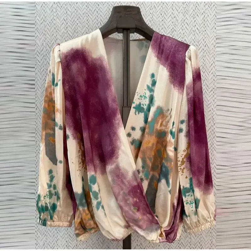 Women Skirt Fashion Stain Print Skirt Set Chic Cross V Neck Long Sleeves Shirt Slit Midi Skirts Suit Lady Fashion Outfits