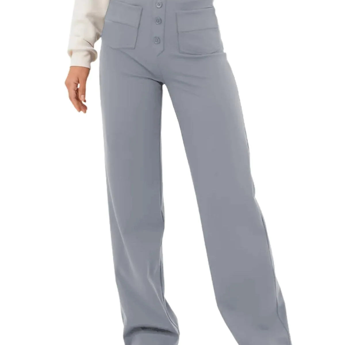 Women's High-waisted Elastic Casual Trousers Fashionable Casual Straight-leg Pants Buttoned Elegant Casual Pants Grey