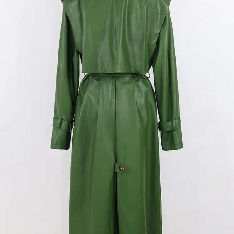 Nerazzurri Autumn Long Cool Green Pu Leather Trench Coat for Women Sashes Single Breasted Stylish Luxury Designer Clothes 2022