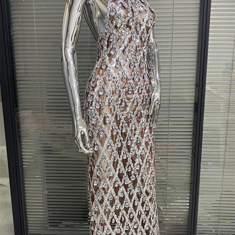 Shinning Big Crystal Women Sleeveless Sexy Halter Bodycon Long Dress Celebrate Birthday Party Nightclub Outfit Vestido