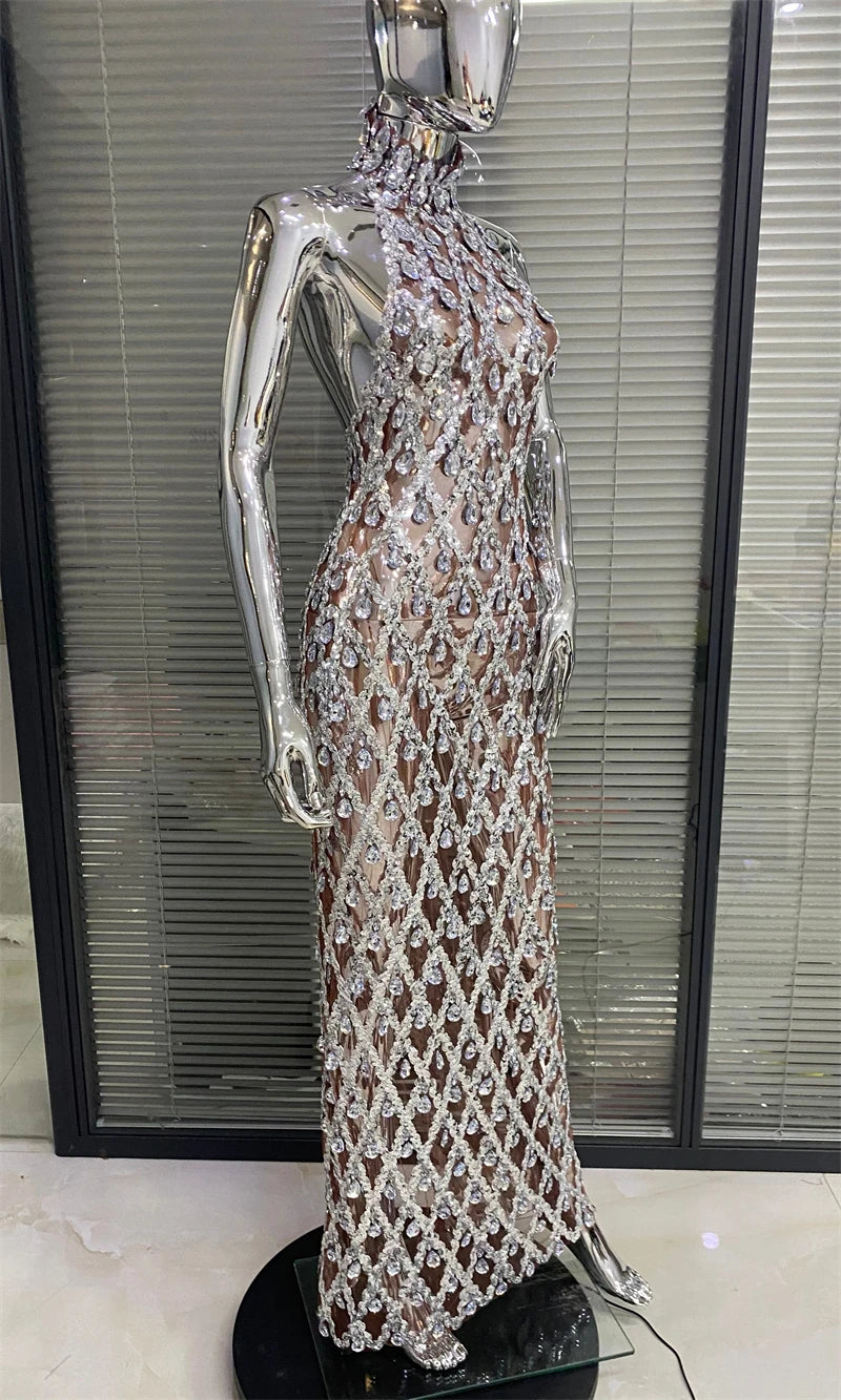 Shinning Big Crystal Women Sleeveless Sexy Halter Bodycon Long Dress Celebrate Birthday Party Nightclub Outfit Vestido