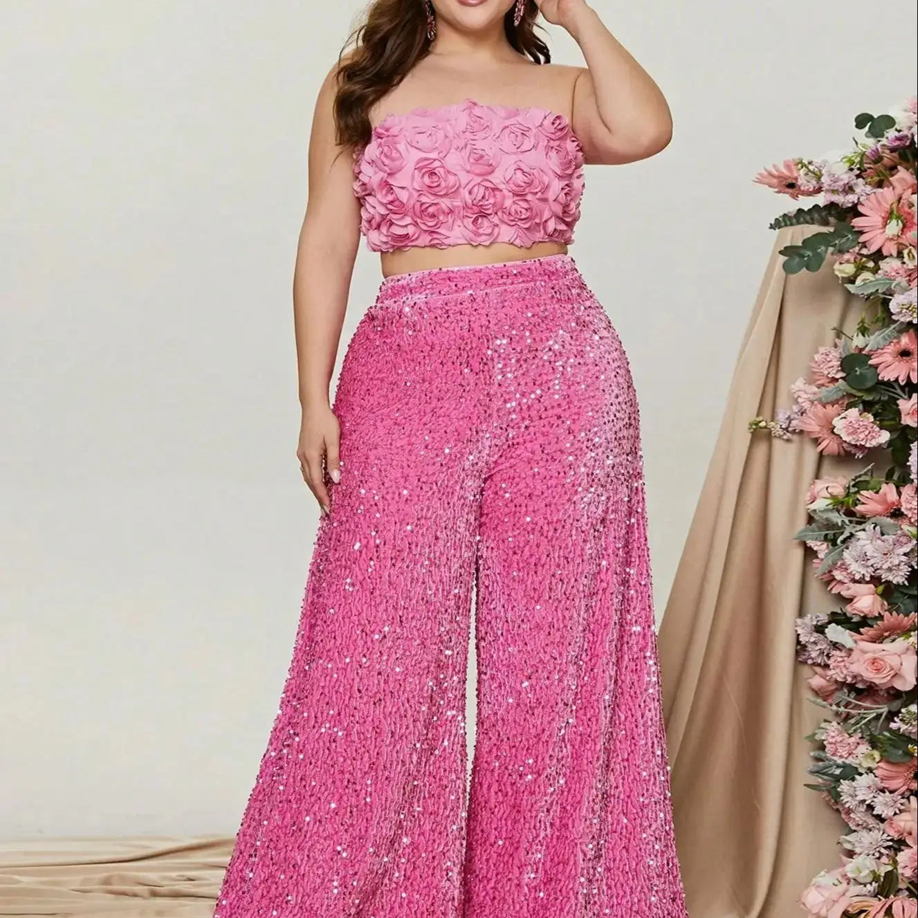 Plus Size Tube Top 3D Flower and Sequin Party Suit