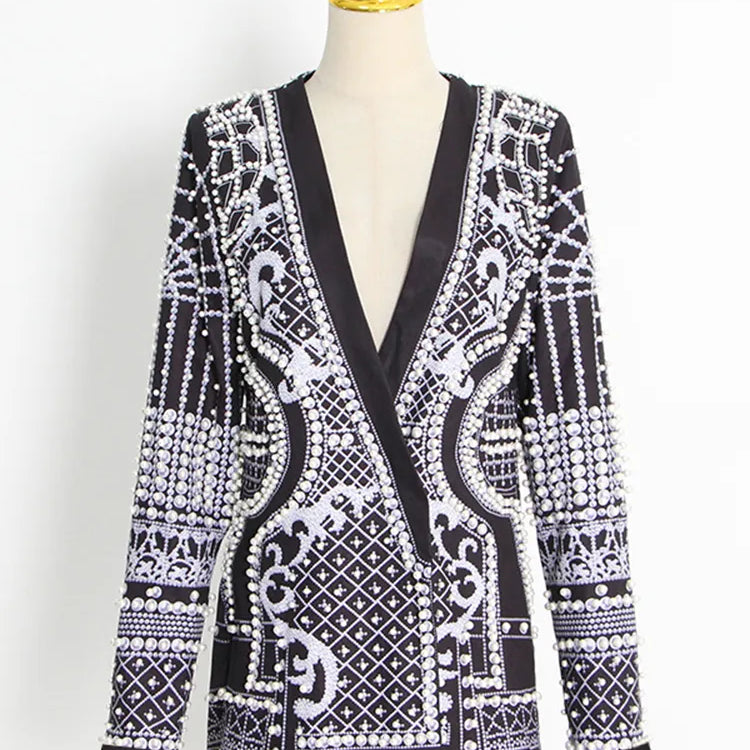 Stylish Designer Jacket Women's V-neck Long Sleeve Luxurious Metallic Beaded Long Blazer