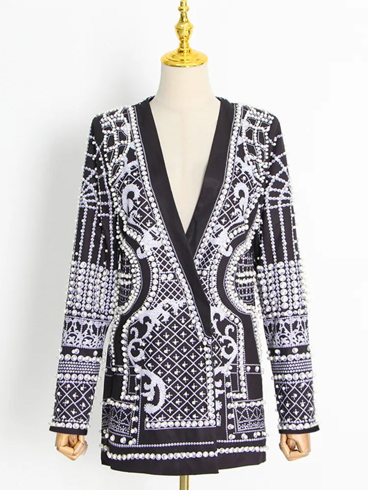 Stylish Designer Jacket Women's V-neck Long Sleeve Luxurious Metallic Beaded Long Blazer