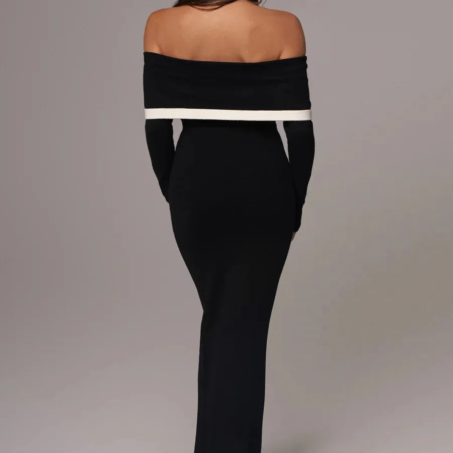 Vestido longo feminino, preto, marrom, manga longa, sexy, decote em V, ombro de fora, colado, bandagem, para festa à noite