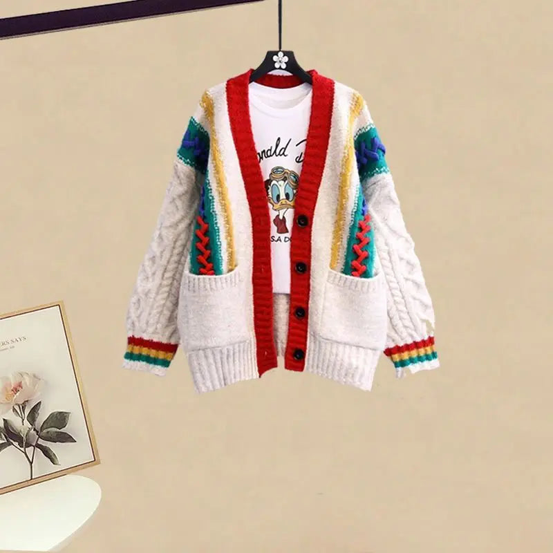 Korean Style Fashion Knitted Sweater Jacket Plush Thickened Wide Leg Pants Two Piece Elegant Women's Pants Set Winter Outfits only apricot sweater