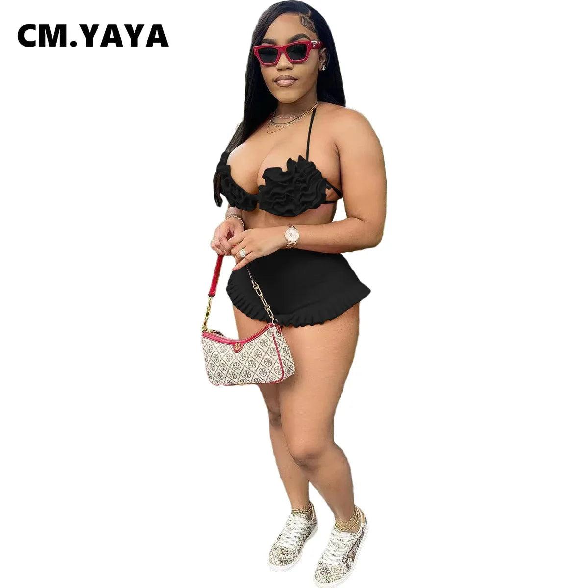CM.YAYA Women's Set Ruffles Crop Top Bra and Shorts Bikini Set Streetwear Casual Two 2 Piece Outfits Summer 2024 Beach Holiday