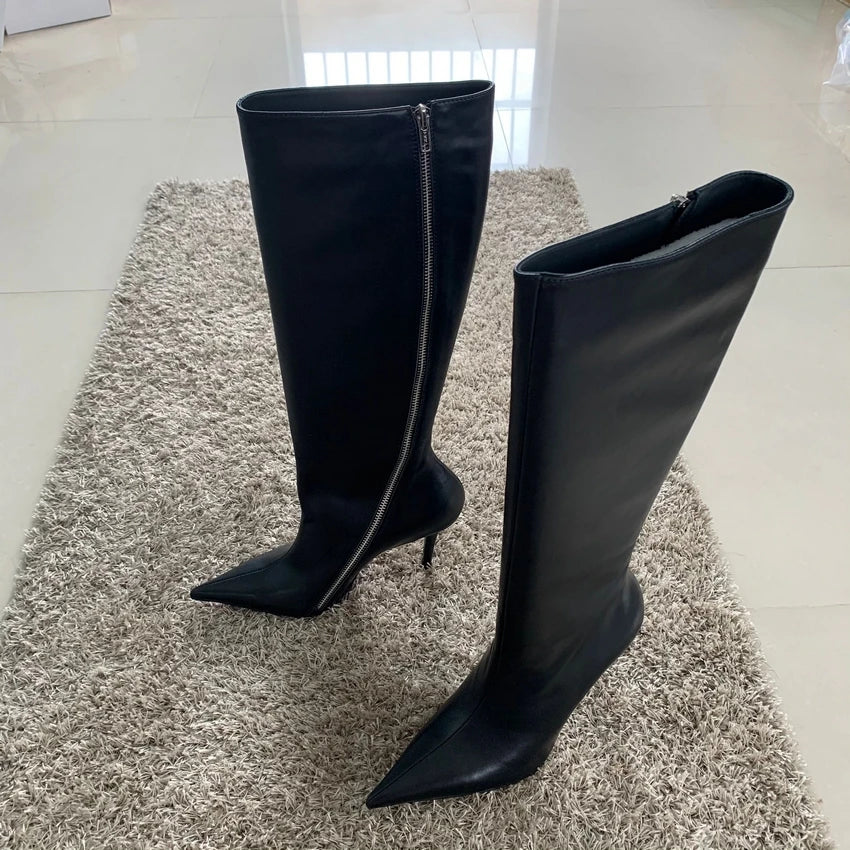 Brand Fashion Women Knee High Boots Zip Pointed Toe Footwear 10CM High Heels Female Long Boots Party Shoes Women