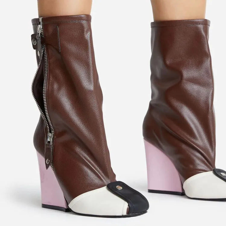 Brand Women's Boots Autumn and Winter Fashion Color Contrast Rivet Side Zipper High Heel Fashion Stage Show Party Boots