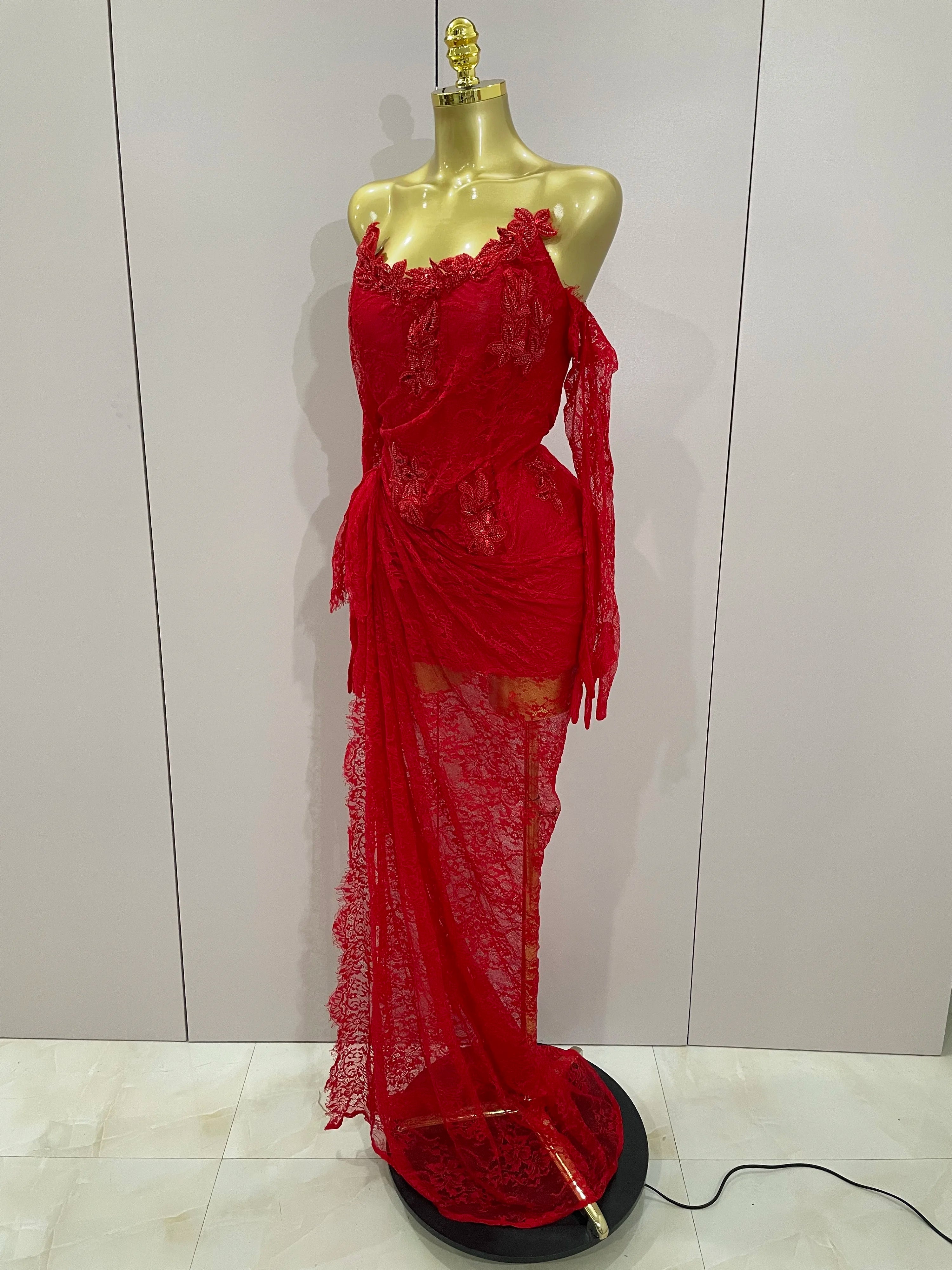 Women Sexy Strapless Backless Red Lace Split Maxi Long Bodycon Dress 2025 Celebrity Elegant Evening Club Birthday Party Outfit