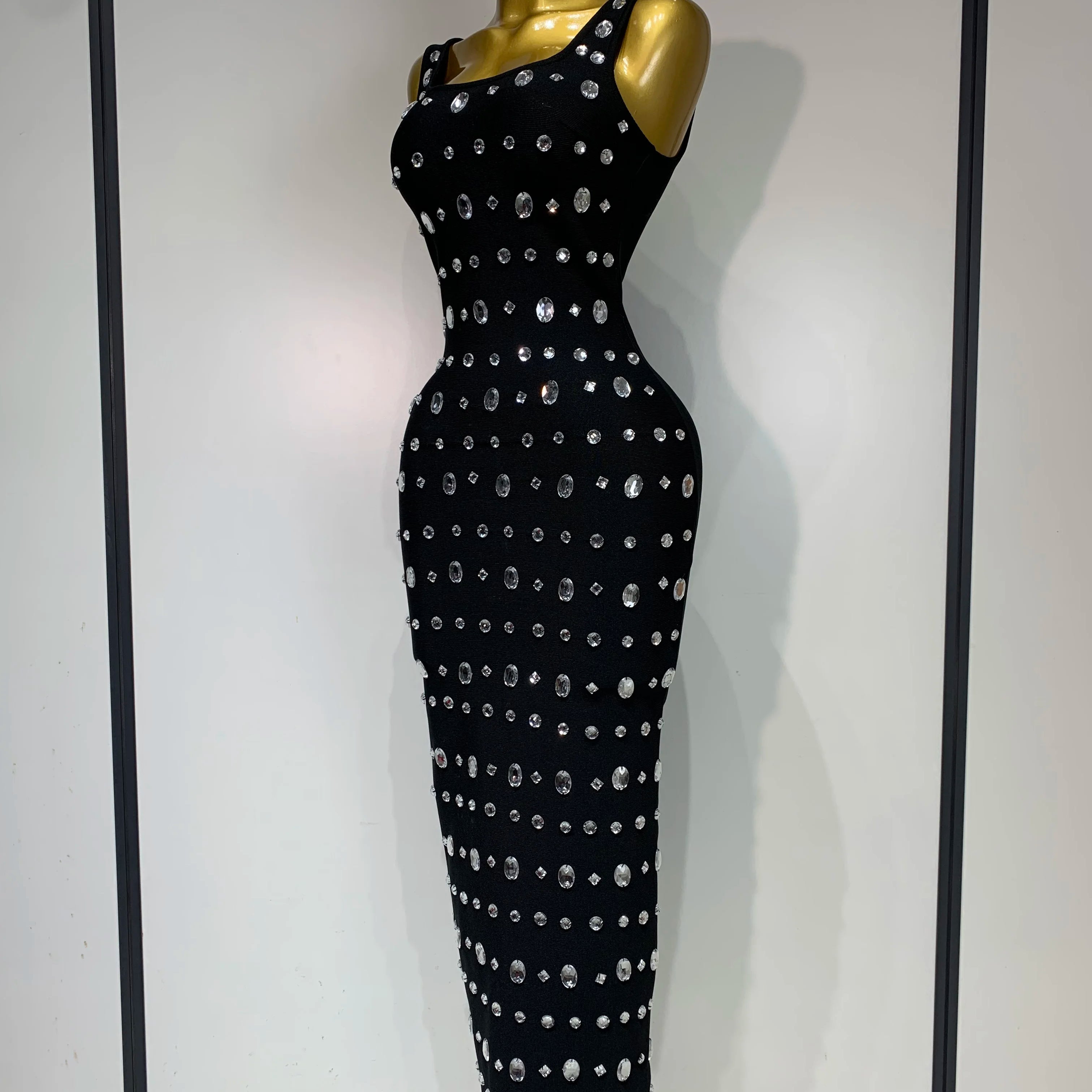 est 2025 Fashion Designer Women's Rhinestone Beaded Elastic Bodycon Bandage Maxi Long Dress Elegant Luxury Birthday Outfit