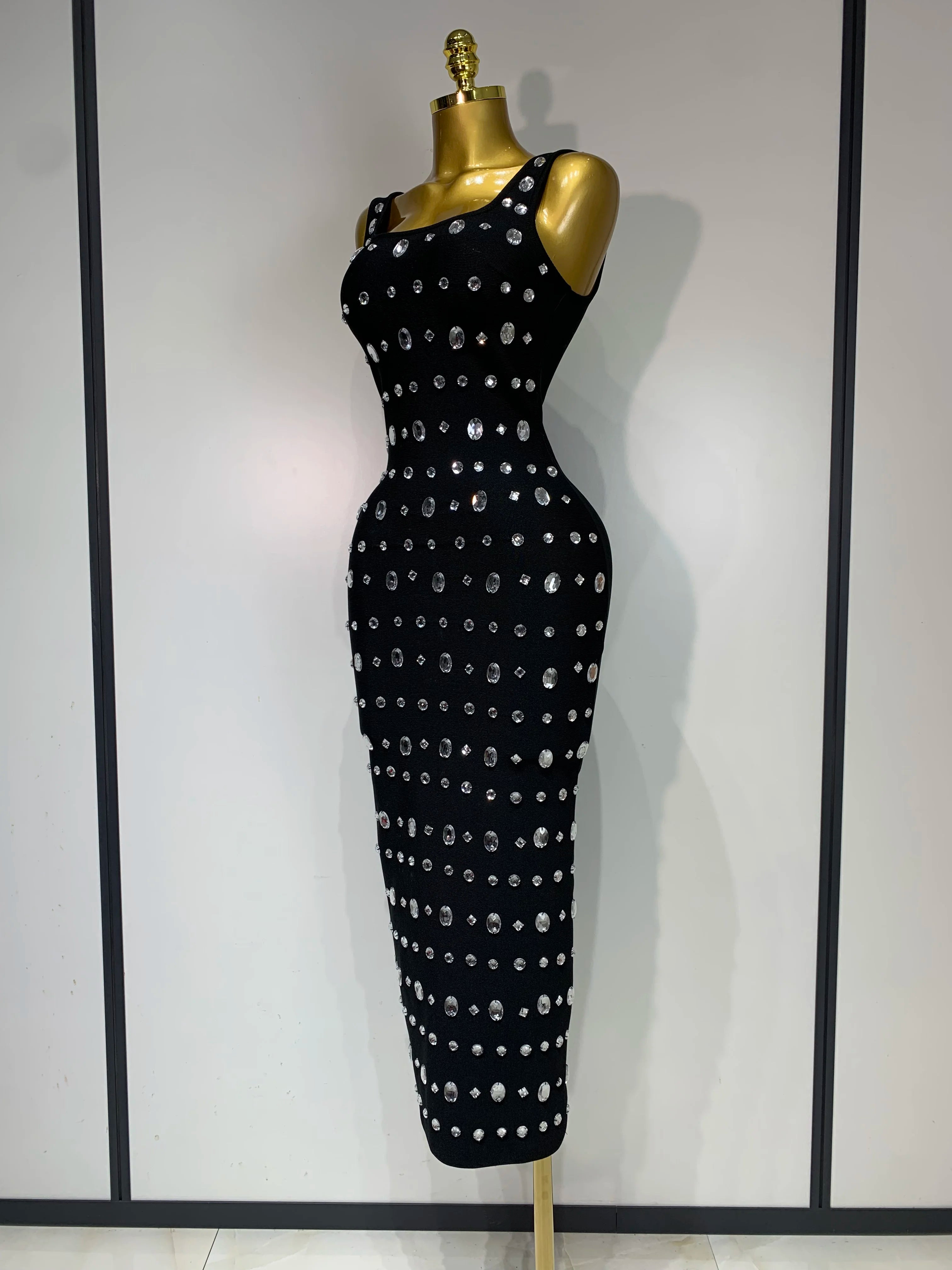 est 2025 Fashion Designer Women's Rhinestone Beaded Elastic Bodycon Bandage Maxi Long Dress Elegant Luxury Birthday Outfit