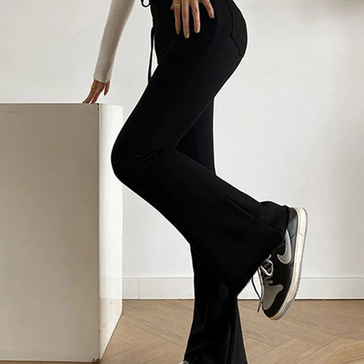 Women Leggings Gray Tie Up Elastic Sweatpants Flared Legging High Waist Pants Slim Casual Sports Black Pants Knitted Trousers