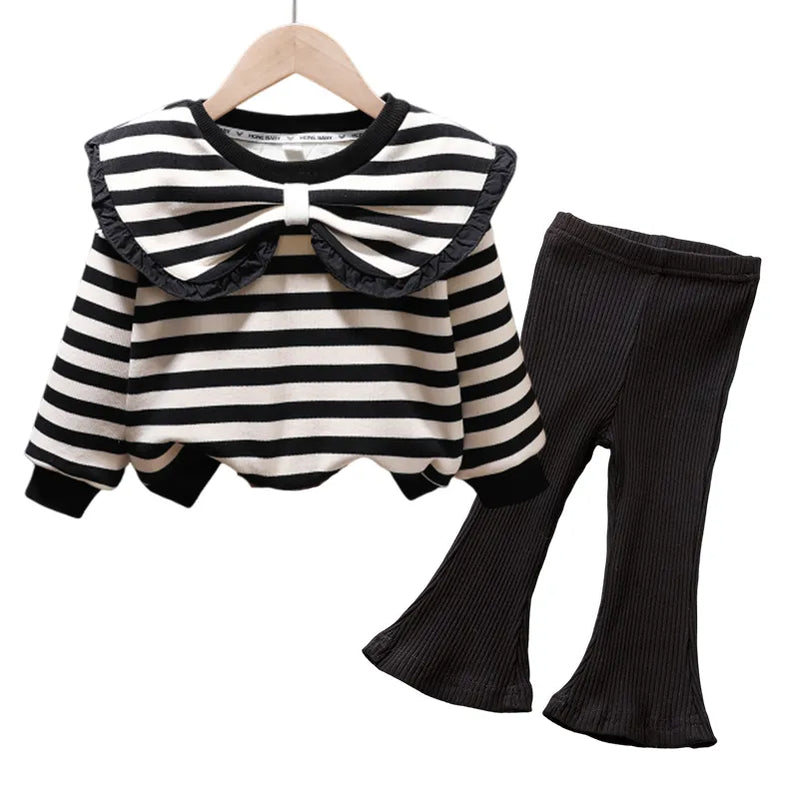 Korea Autumn Kids Clothing Set Baby Girls Cotton Stripe Sweatshirt Tops+Leggings Pants Set Casual Girls Suit Outfits New Girls 2 pcs set L